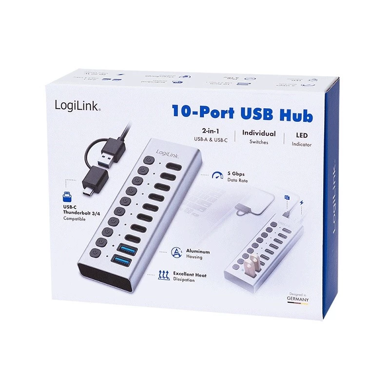 Hub USB3.2 Gen1 10 θύρες USB-A/C, διακόπτης on/off
