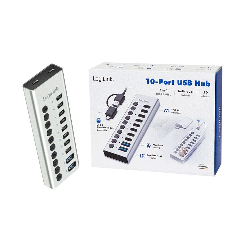 Hub USB3.2 Gen1 10 θύρες USB-A/C, διακόπτης on/off
