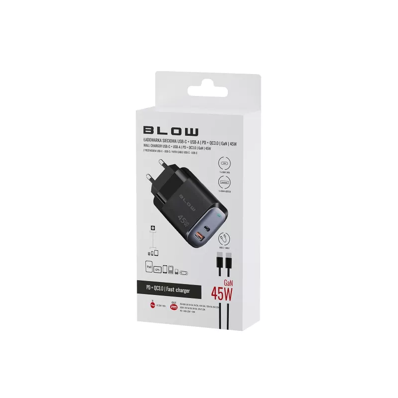Φορτιστής τοίχου USB-A USB-C PD 45W + καλώδιο