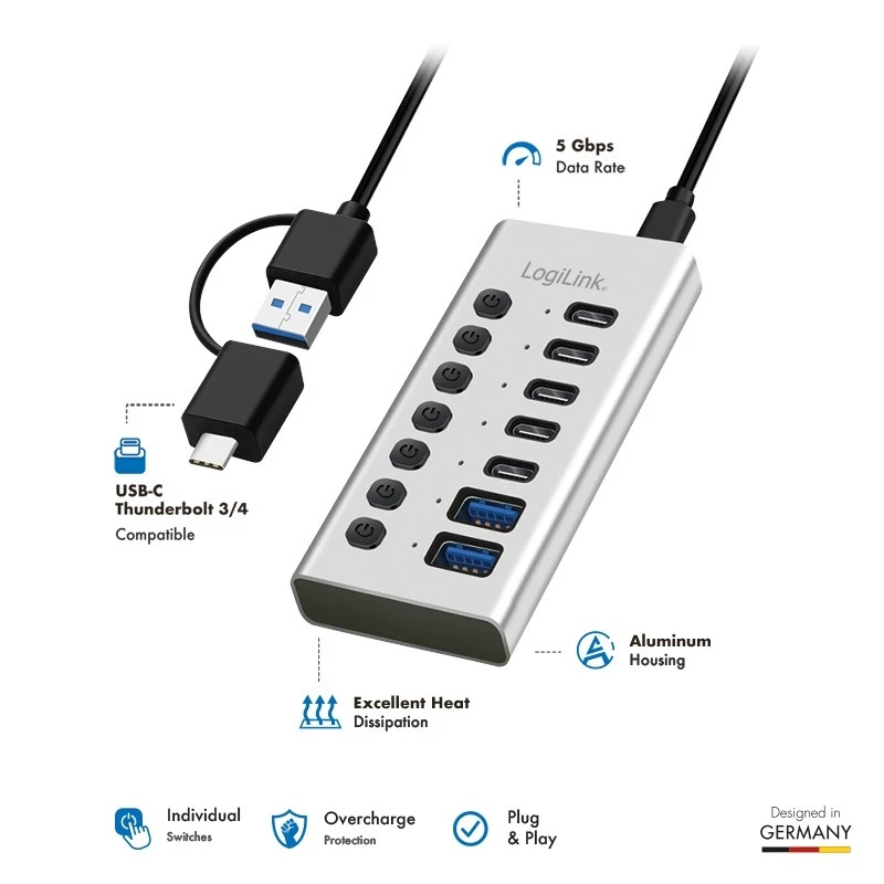 Hub USB 3.2 Gen1 7 Θύρες USB-A/C, Διακόπτης On/Off