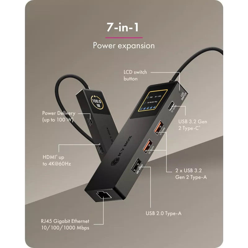 ICY BOX Spade Dock 4038, βάση σύνδεσης 7 σε 1 με οθόνη LCD και PD 100 W