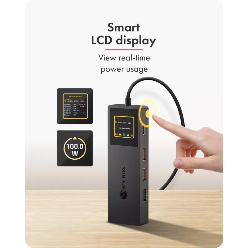 ICY BOX Spade Dock 4038, βάση σύνδεσης 7 σε 1 με οθόνη LCD και PD 100 W