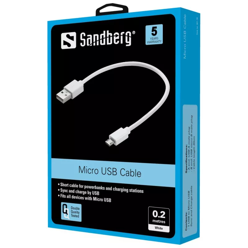 Sandberg MicroUSB Sync/Καλώδιο φόρτισης 0,2 m, 0,2 m, USB A, Micro-USB B, USB 2.0, Λευκό