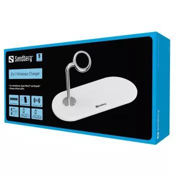 Sandberg 3in1 Ασύρματος φορτιστής, Εσωτερικού χώρου, USB, Ασύρματη φόρτιση, 0,8 m, Ασημί, Λευκό