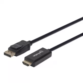 Manhattan καλώδιο DisplayPort 1.2 σε HDMI, 4K@60Hz, 1m, βύσμα αρσενικό σε βύσμα αρσενικό, DP με ασφάλιση, μαύρο, μη αμφίδρομο, τρία χρόνια εγγύηση, συμμορφώνεται με 3F-DP-HDMI-4K60-HDR