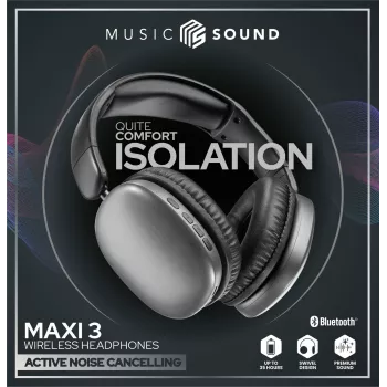 Music Sound MAXI3 MAXI3 Ασύρματα ακουστικά over-ear με ενεργή ακύρωση θορύβου: καθηλωτική εμπειρία ακρόασης χωρίς περισπασμούς, έως 35 ώρες διάρκεια μπαταρίας. Μοντέρνος σχεδιασμός, άνεση, στυλ και ισχυρός, επαναστατικός ήχος.