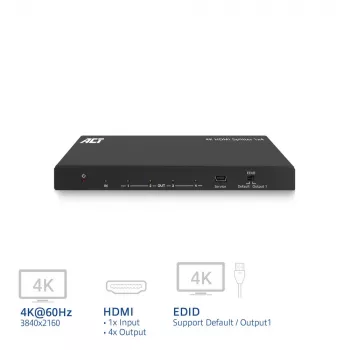 ACT Διαχωριστής 4K HDMI, 1 σε 4, υποστήριξη EDID, HDMI, 4x HDMI, 3840 x 2160 Pixel, μαύρο, 4K Ultra HD, 10,2 Gbit/s