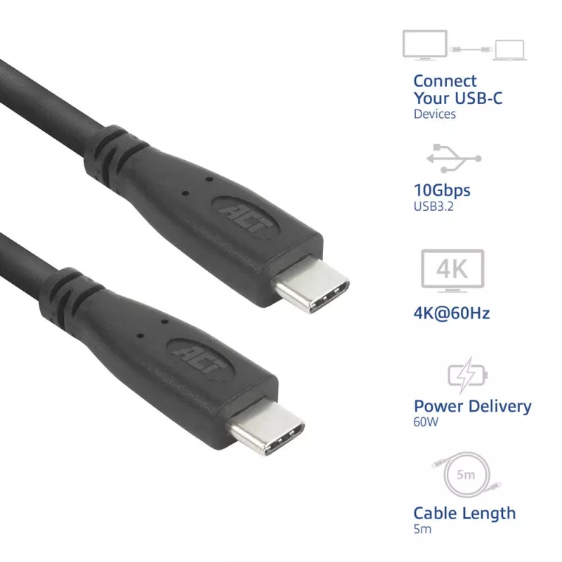 ACT AC7445 Καλώδιο USB USB 3.2 Gen 2 (3.1 Gen 2) 5 m USB C 10 Gbit/s 60 W μαύρο