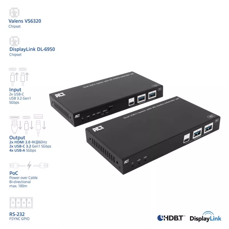ACT Σετ επέκτασης μέσων AV με διπλό διακόπτη USB-C, CAT6A, 100 μέτρα