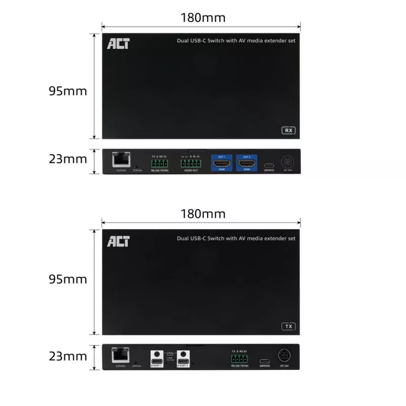 ACT Σετ επέκτασης μέσων AV με διπλό διακόπτη USB-C, CAT6A, 100 μέτρα