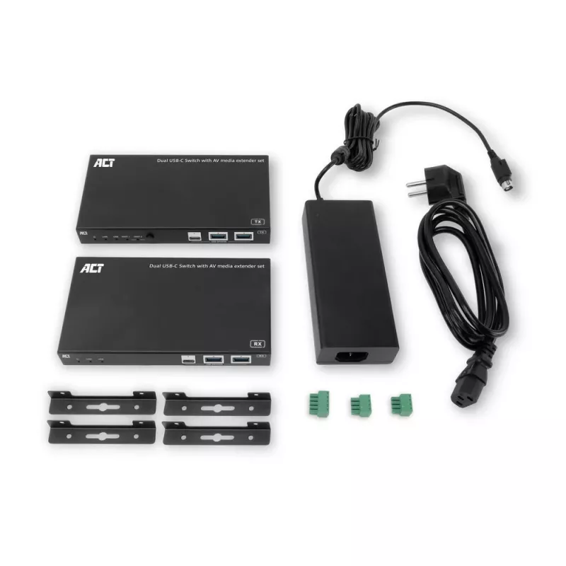 ACT Σετ επέκτασης μέσων AV με διπλό διακόπτη USB-C, CAT6A, 100 μέτρα