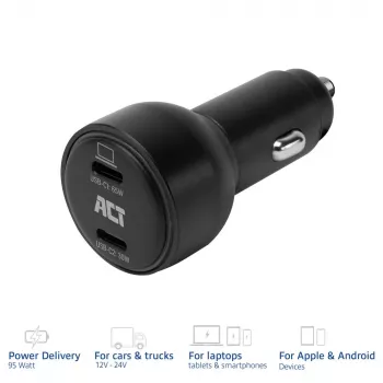 ACT 2-Port USB-C Ταχυφορτιστής αυτοκινήτου 95W με Power Delivery PPS, Quick Charge και GaNFast