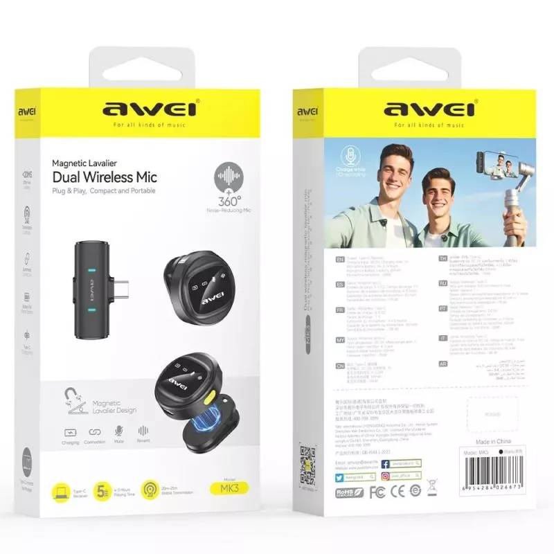 AWEI MK3 Duo Ασύρματο Lavalier Μικρόφωνο Μαύρο