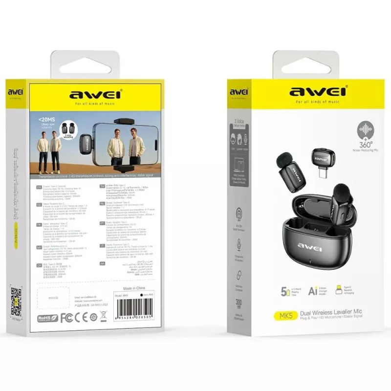 AWEI MK5 Duo Ai-Voice μαύρο ασύρματο lavalier μικρόφωνο