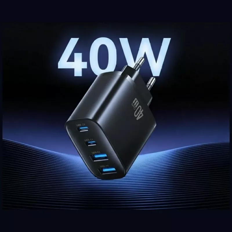 USAMS T70 40W 2xUSB-A 2xUSB-C τροφοδοτικό μαύρο