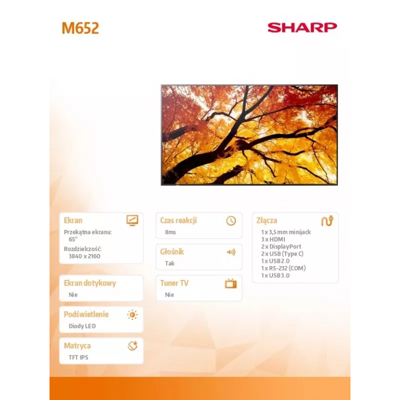 Sharp MultiSync M652 65 ίντσες 4K UHD Επαγγελματική Οθόνη 550 cd/m² 24/7