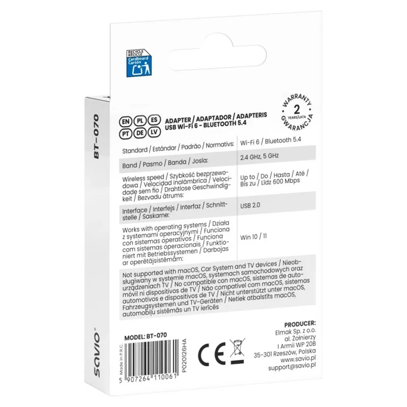 Savio BT-070 USB WLAN 6 και Bluetooth 5.4 Προσαρμογέας