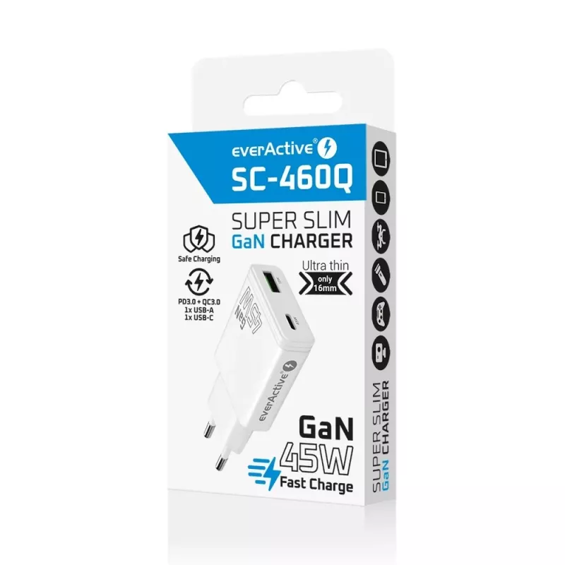 EVERACTIVE GaN QC3.0 45W επιτοίχιος φορτιστής USB-C SC-460Q λευκό