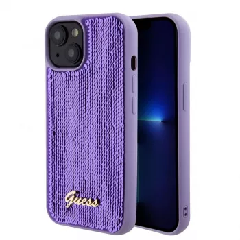 Guess Sequin Script Logo θήκη για iPhone 15 μωβ