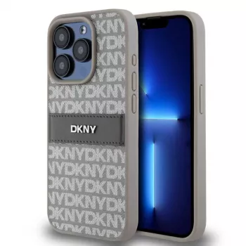 DKNY PU δερμάτινη Repeat Pattern Tonal Stripe θήκη για iPhone 15 Pro μπεζ