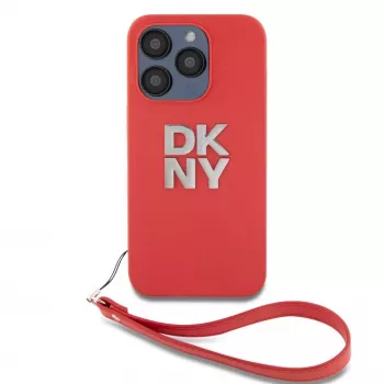 DKNY Apple iPhone 15 Pro Max PU δερμάτινη Stack Logo θήκη με λουράκι χεριού κόκκινο