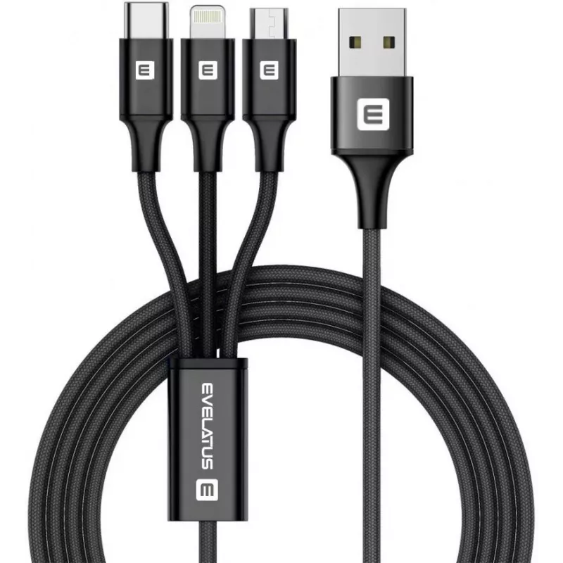 EVELATUS Καλώδιο Δεδομένων 3in1 (Lightning, Type-C, Micro USB) LTM01 Μαύρο