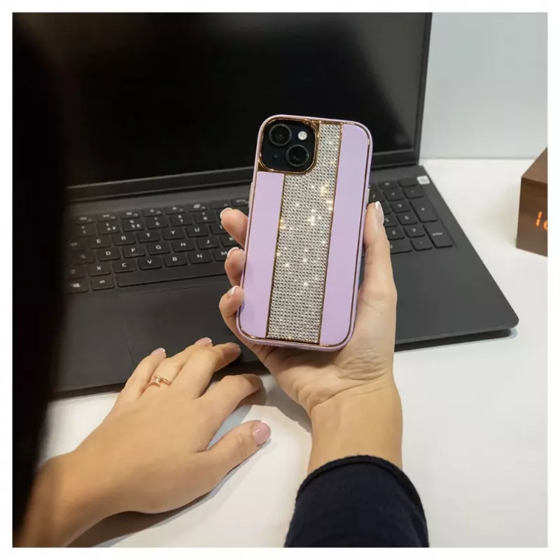 iLike Apple iPhone 15 θήκη δερμάτινη με διαμάντια ροζ άμμος