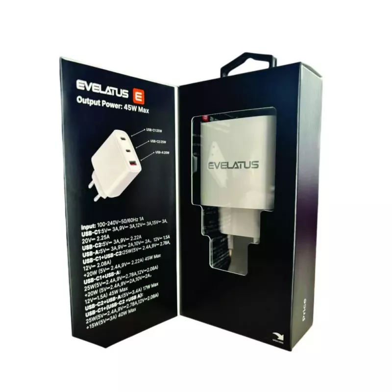 Evelatus 45W Max Ταχυφορτιστής EU USB-C1/USB-C1/USB-A - RCE-4501ACCL Λευκό
