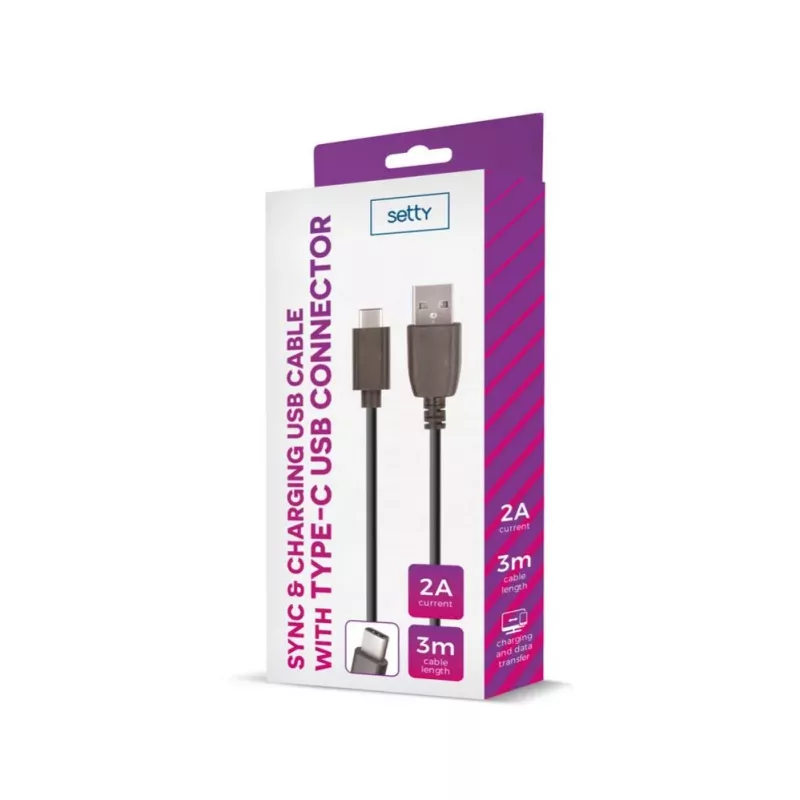 Setty Universal USB Καλώδιο 3m 2A Type-C Μαύρο