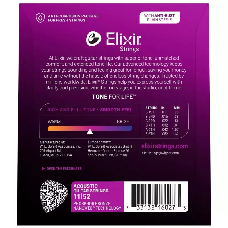 Elixir Strings 16027 Phosphor Bronze Custom Light NANOWEB Χορδές ακουστικής κιθάρας (11-52)
