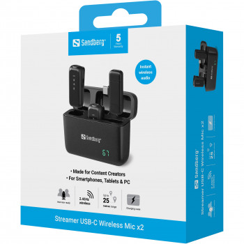 SANDBERG Streamer USB-C Ασύρματο Μικρόφωνο x2 - Σετ Διπλού Μικροφώνου - 20 Hz - 20 kHz