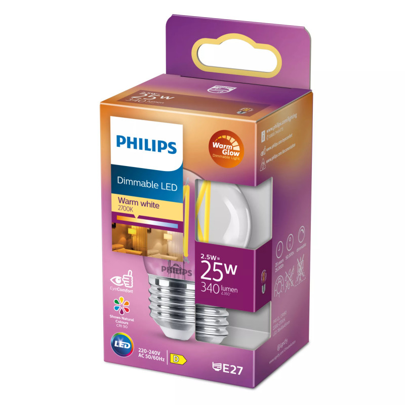 Philips LED Classic WarmGlow P45 διάφανο dimmable E27 2,3W 250lm 2200-2700K