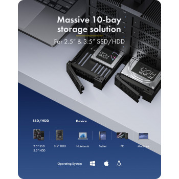 ICY BOX IB-3710-C31 θήκη JBOD 10 θέσεων USB 3.2 Gen 2 για 2,5 ίντσες/3,5 ίντσες SATA HDD/SSD, Single Mode, καλώδιο USB-C σε C, τροφοδοτικό 200 W, μαύρο