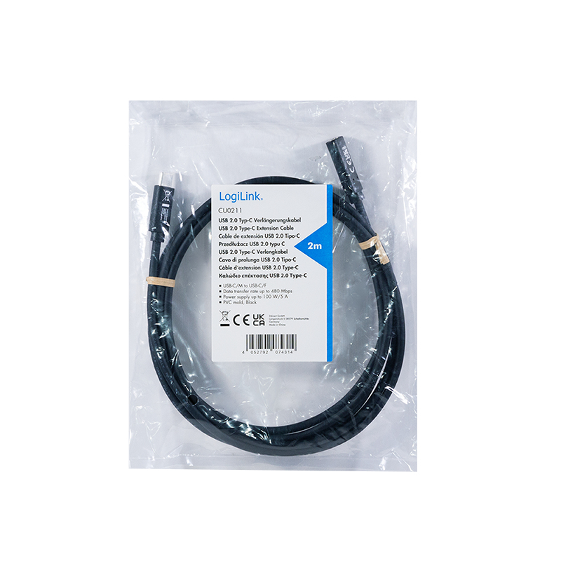 LogiLink CU0211 καλώδιο επέκτασης USB-C 100W 2m μαύρο