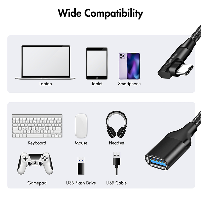 LogiLink CU0100 καλώδιο προσαρμογέα USB-C σε USB-A, 0,2 m, 10 Gbps, γωνία 90°, μαύρο