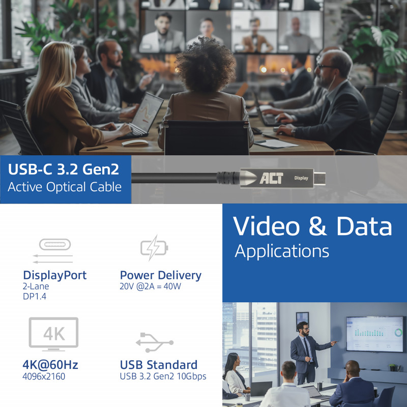ACT USB-C 3.2 Gen2 Active Optical Cable (AOC), για οθόνες αφής, βίντεο, δεδομένα, τροφοδοσία, 15m (AK4335)