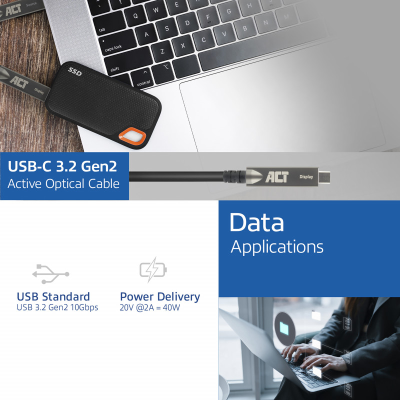 ACT USB-C 3.2 Gen2 Active Optical Cable (AOC), για οθόνες αφής, βίντεο, δεδομένα, τροφοδοσία, 15m (AK4335)