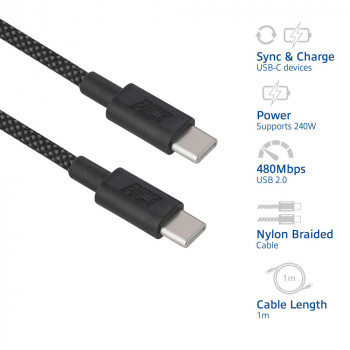 ACT USB 2.0 240W καλώδιο φόρτισης/δεδομένων USB-C σε USB-C, μαύρο, 1m (AC3086)