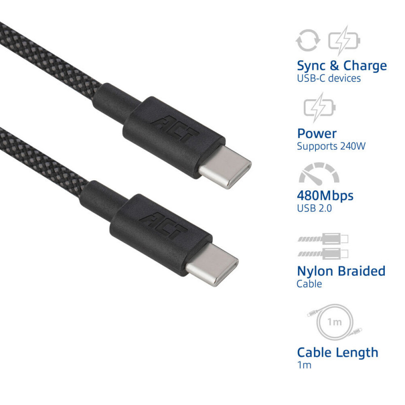 ACT USB 2.0 240W καλώδιο φόρτισης/δεδομένων USB-C σε USB-C, μαύρο, 1m (AC3086)
