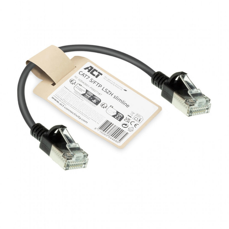 ACT μαύρο 0,15 m LSZH S/FTP CAT7 Slimline καλώδιο patch Snagless με βύσματα RJ45 (DF7930)
