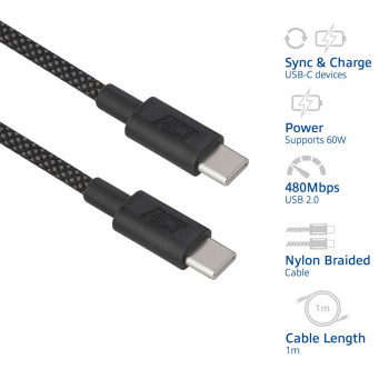 ACT USB 2.0 60W Καλώδιο φόρτισης/δεδομένων USB-C σε USB-C, μαύρο, 1 μέτρο (AC3082)