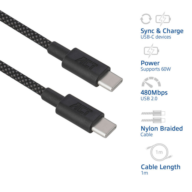 ACT USB 2.0 60W Καλώδιο φόρτισης/δεδομένων USB-C σε USB-C, μαύρο, 1 μέτρο (AC3082)