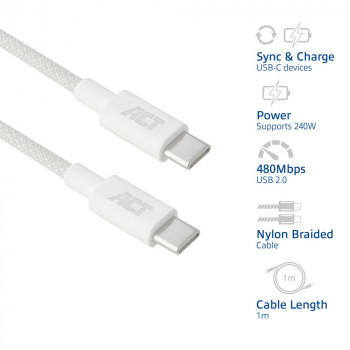 ACT USB 2.0 240W Καλώδιο φόρτισης/δεδομένων USB-C σε USB-C, λευκό, 1 m (AC3084)