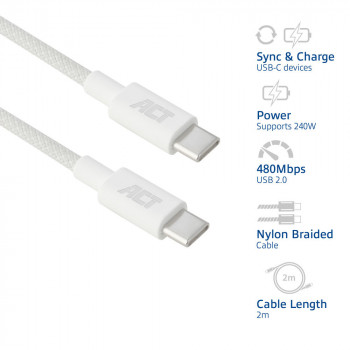 ACT καλώδιο φόρτισης/δεδομένων USB 2.0 240W USB-C σε USB-C, λευκό, 2m (AC3085)