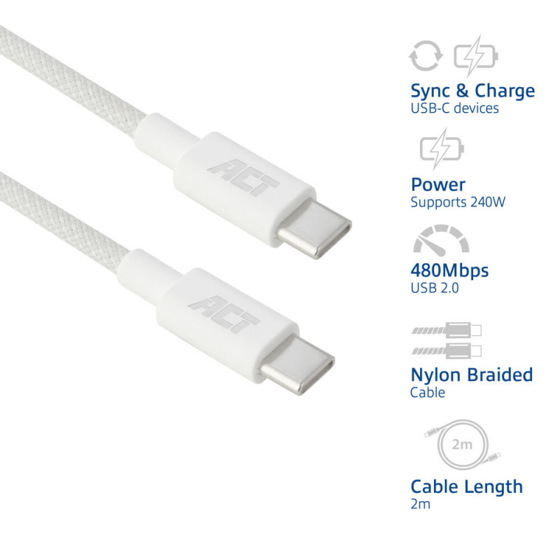 ACT καλώδιο φόρτισης/δεδομένων USB 2.0 240W USB-C σε USB-C, λευκό, 2m (AC3085)