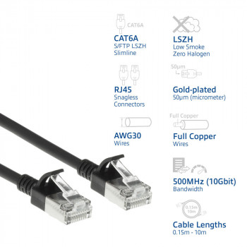 ACT μαύρο καλώδιο patch 1m LSZH S/FTP CAT6A Slimline Snagless με βύσματα RJ45 (DB7901)