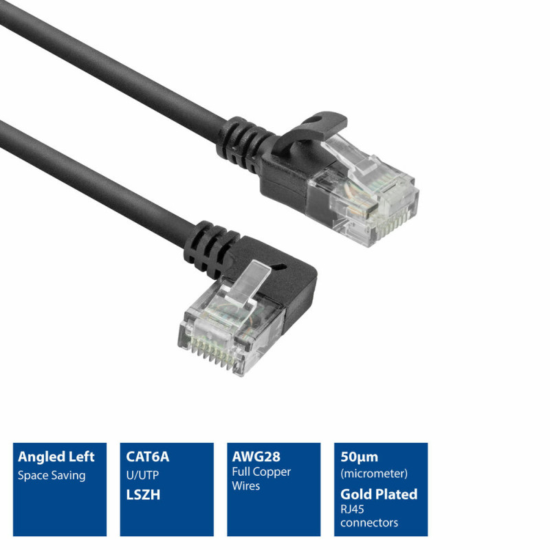 ACT DC1901 1m CAT6A U/UTP LSZH Slimline Patch καλώδιο, RJ45 90° γωνιακό αριστερά σε ευθύ, μαύρο