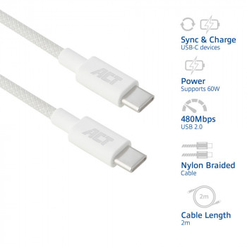 ACT USB 2.0 60W Καλώδιο φόρτισης/δεδομένων USB-C σε USB-C, λευκό, 2 m (AC3081)
