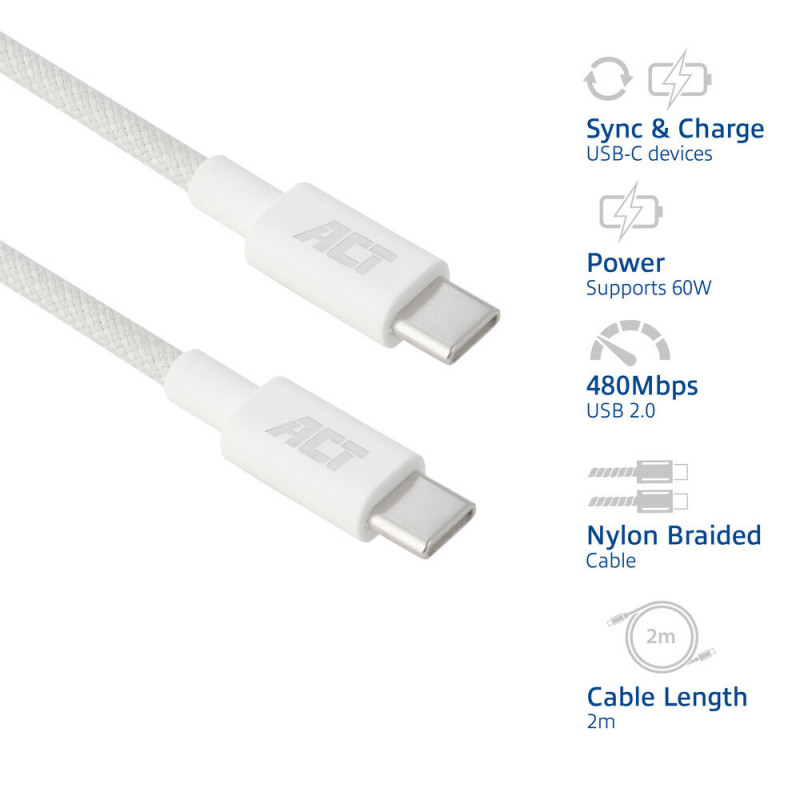 ACT USB 2.0 60W Καλώδιο φόρτισης/δεδομένων USB-C σε USB-C, λευκό, 2 m (AC3081)