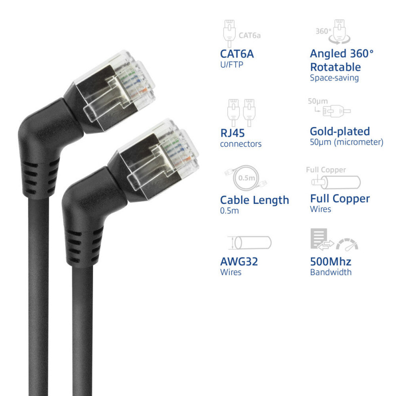 ACT DD1900 Μαύρο 0,5m U/FTP CAT6A Slimline καλώδιο patch με γωνιακά βύσματα RJ45 περιστρεφόμενα 360°